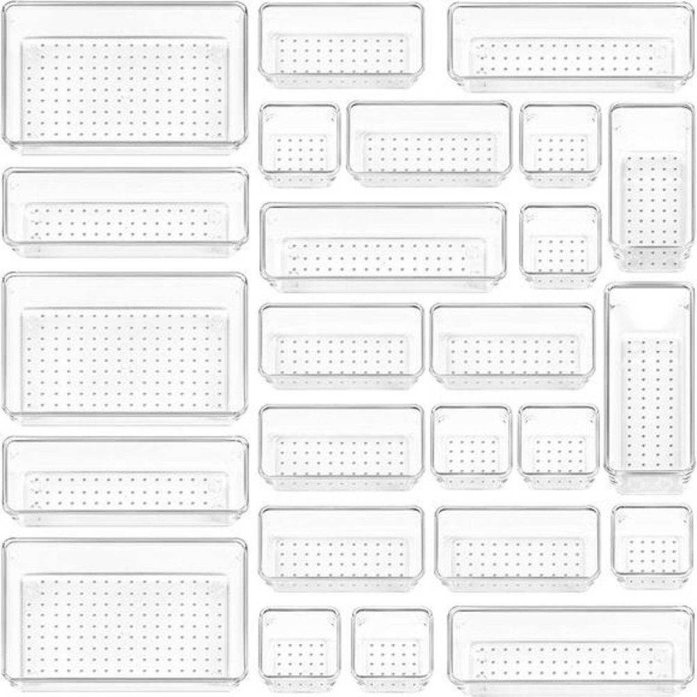 25 PCS Clear Plastic Drawer Organizers Set,  4-Size Versatile Bathroom
